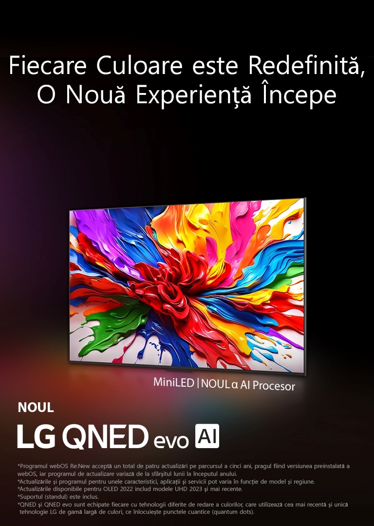 LG QNED TV ?i soundbar montate pe perete, ?ntr-o camer? u?or luminat?. Pe TV este afi?at un vehicul ro?u pe ?osea. Sigla ?webOS Re:New program” este ?n imagine. O declinare a r?spunderii transmite: ?webOS Re:New Program accept? un total de patru actualiz?ri pe parcursul a cinci ani, pragul fiind versiunea preinstalat? de webOS, iar programul de actualizare variaz? de la finalul lunii la ?nceputul anului.” ?Actualiz?rile ?i programul pentru anumite caracteristici, aplica?ii ?i servicii pot varia ?n func?ie de model ?i de regiune.”