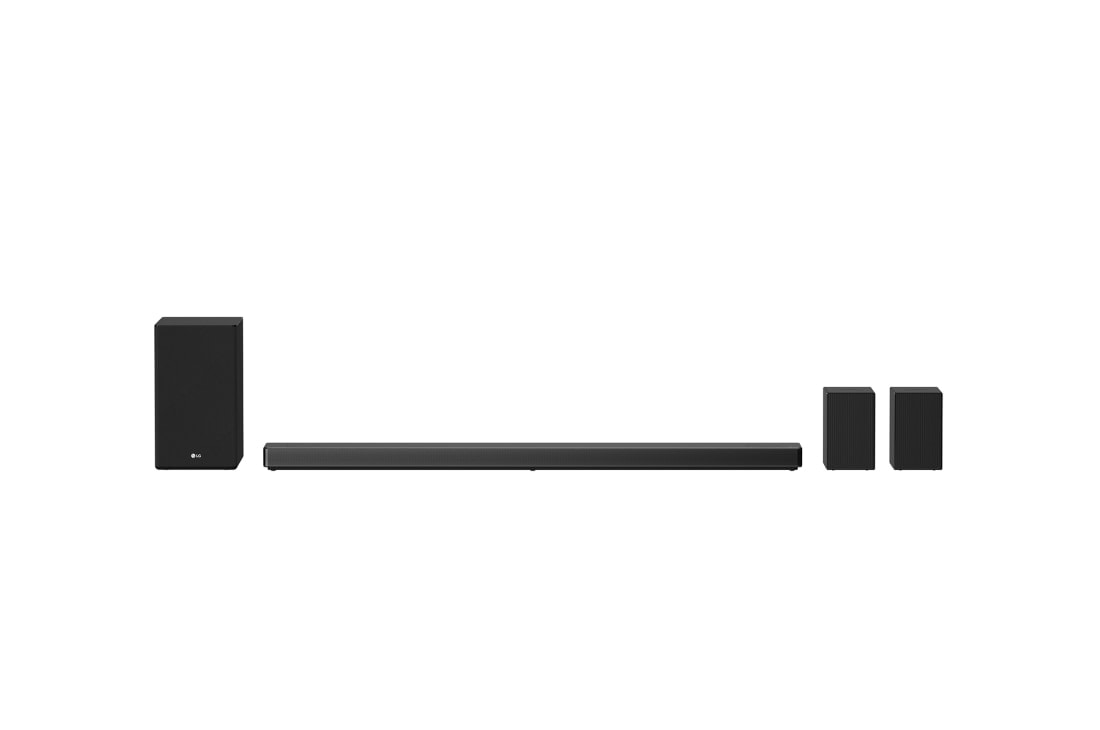 LG Sound Bar SN11R, vedere frontal? cu subwoofer ?i difuzor incendiar ?n spate, SN11R