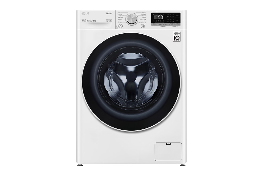 LG Ma?in? de sp?lat cu usc?tor Slim | 7Kg sp?lare/5Kg uscare | 1400 rpm | AI Direct Drive? | Clasa D ciclu sp?lare / Clasa E ciclu sp?lare + uscare | TurboWash? | ThinQ? | Alb, Front image, F2DV5S7N0E