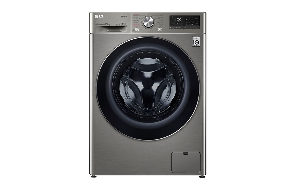 LG Ma?in? de sp?lat cu usc?tor | 9Kg sp?lare/6Kg uscare | 1400 rpm | AI Direct Drive? | Clasa B ciclu sp?lare / Clasa E ciclu sp?lare + uscare | ThinQ? | Steam? | Platin?, vedere frontal?, F4DV509S2TE