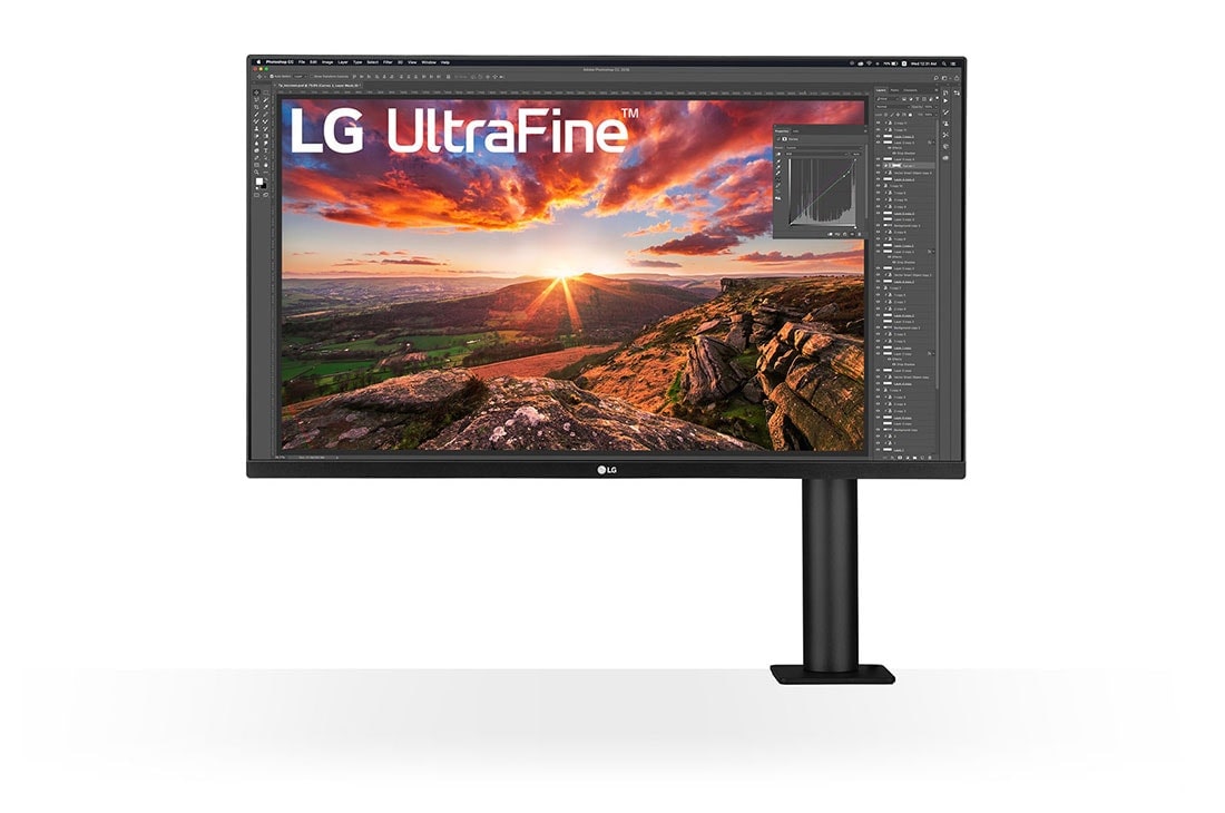 LG Monitor IPS UHD 4K Ergo de 31.5'' cu USB Type-C?, Vedere frontal? cu bra?ul monitorului ?n partea dreapt?, 32UN880P-B