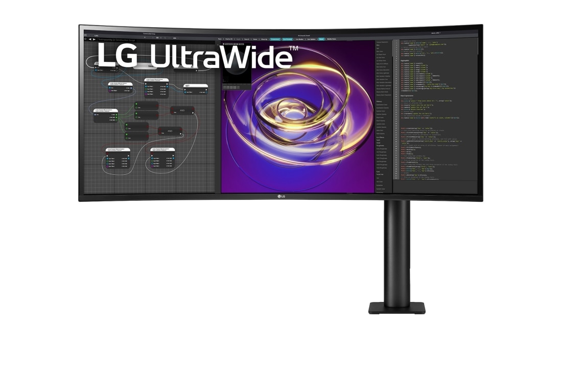 LG Monitor curbat UltraWide? QHD Ergo (3440 x 1440) 21:9 de 34'', vedere frontal? cu bra?ul monitorului ?n partea dreapt?, 34WP88C-B