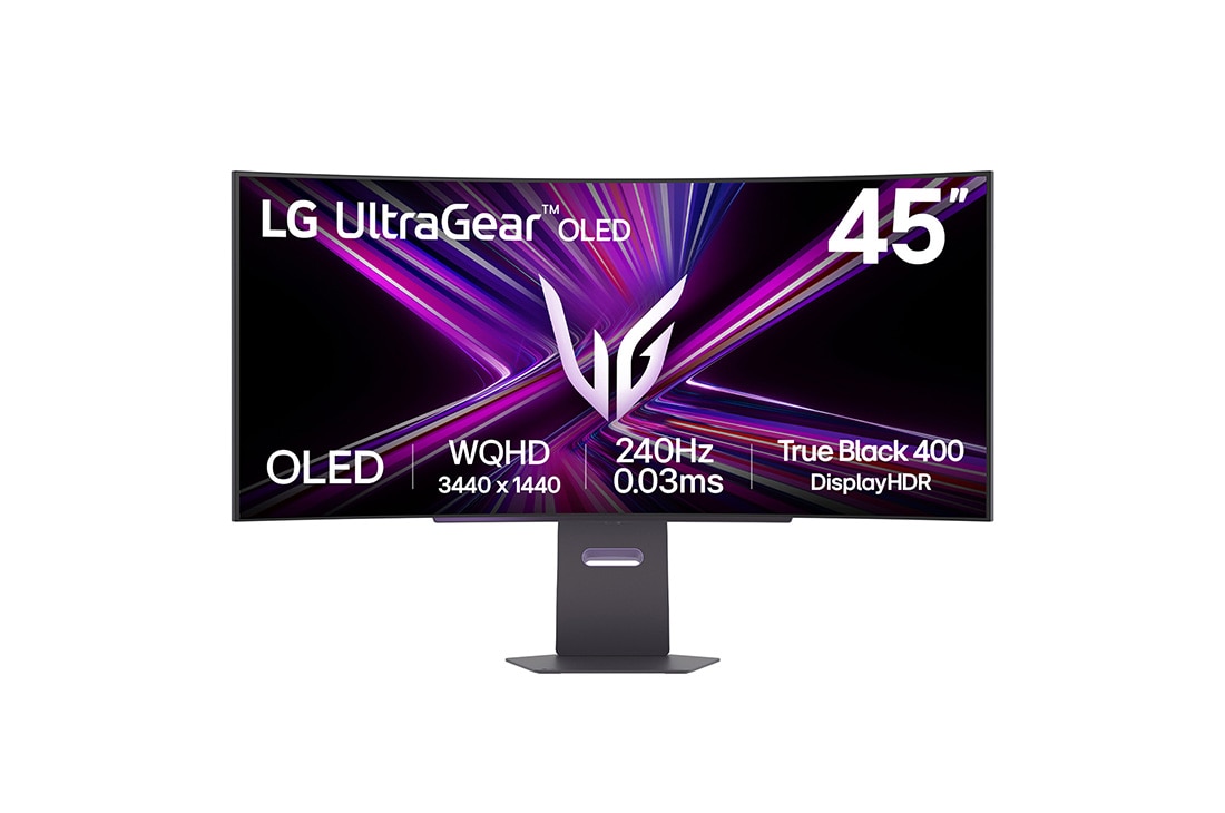 LG Monitor pentru gaming curbat LG UltraGear? OLED de 45” WQHD, 240Hz | 0.03ms (GtG), DisplayHDR True Black 400, USB-C (PD 65W) & HDMI 2.1, vedere frontal?, 45GX900A-B