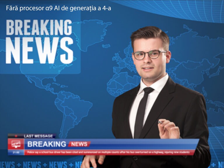 Compara?ie a calit??ii imaginii care ilustreaz? un reporter coordonator care prezint? o ?tire de ultim? or?, cu harta lumii pe fundal.