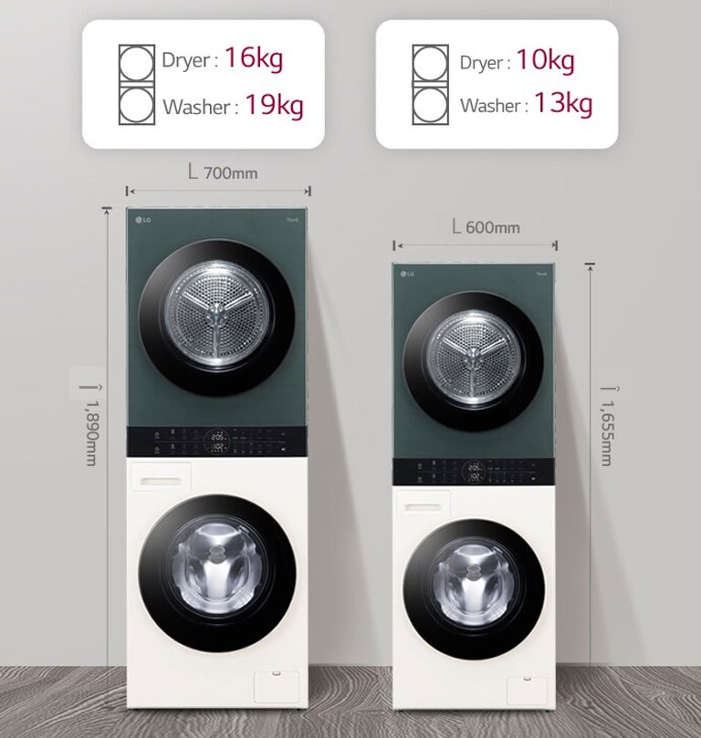 Aceasta este imaginea frontal? care compar? dimensiunea ?i capacitatea cu modelul de wash tower de 27 inch.