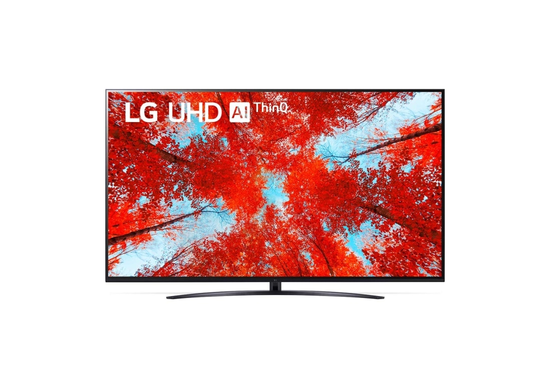 LG Televizor UHD 4 K | 86 inch | ThinQ AI, Vedere frontal? a televizorului LG UHD cu imaginea continu? ?i sigla produsului aprins?, 86UQ91003LA