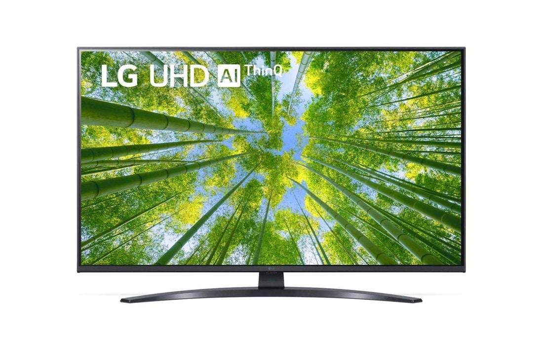 LG UQ81 UHD 4K 65 inch ThinQ AI, Vedere frontal? a televizorului LG UHD cu imaginea continu? ?i sigla produsului aprins?, 43UQ81003LB