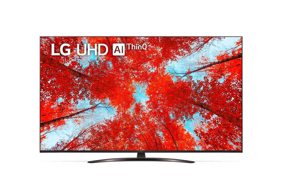 LG UQ91| UHD 4K | 55 inch | Procesor α5Gen5 AI | ThinQ AI, Vedere frontal? a televizorului LG UHD cu imaginea continu? ?i sigla produsului aprins?, 55UQ91003LA