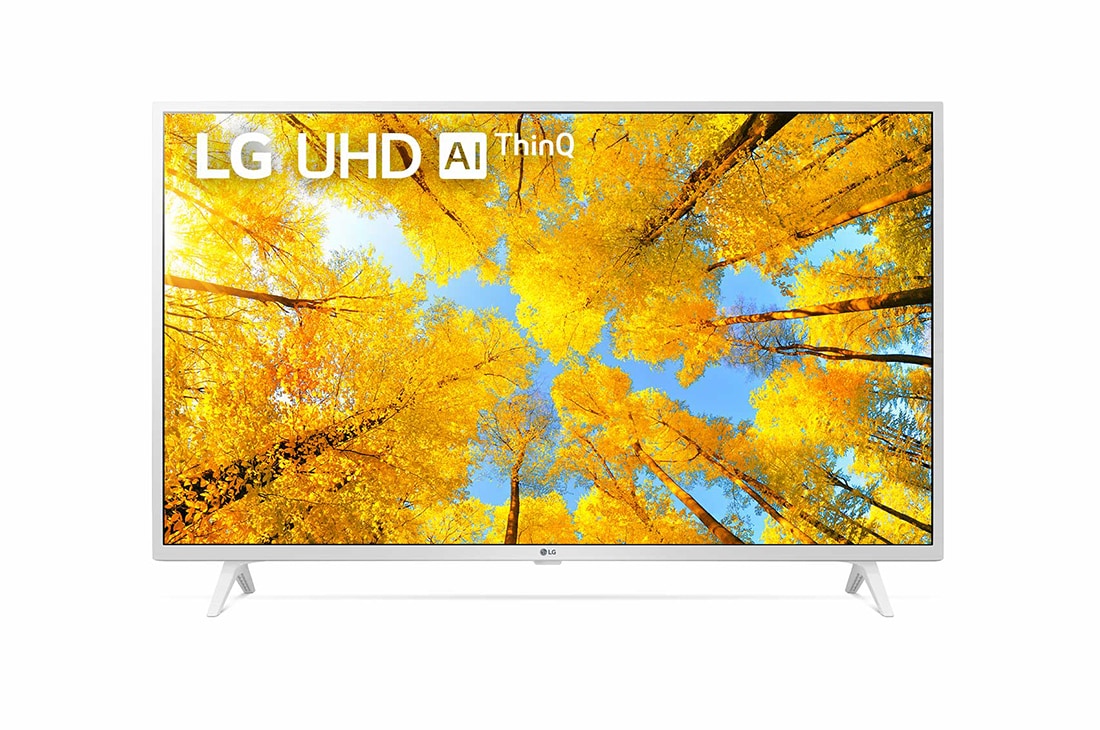 LG Televizor UHD 4 K | 43 inch | ThinQ AI, Vedere frontal? a televizorului LG UHD cu imaginea continu? ?i sigla produsului aprins?, 43UQ76903LE