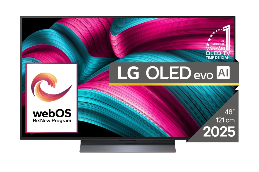 LG OLED evo AI C5 de 48 inch, 4K Smart TV, 2025, Vedere frontal? a LG OLED evo AI C5 4K Smart TV. Emblema OLED 12 ani num?rul 1 la nivel mondial ?i logo LG OLED evo AI 2025 sunt pe ecran., OLED48C52LA