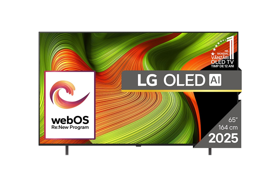 LG OLED B5 AI de 65 inch, 4K Smart TV, 2025, Vedere frontal? a LG OLED AI B5 4K Smart TV. Emblema OLED 12 ani num?rul 1 la nivel mondial ?i sigla LG OLED AI 2025 sunt pe ecran., OLED65B53LA