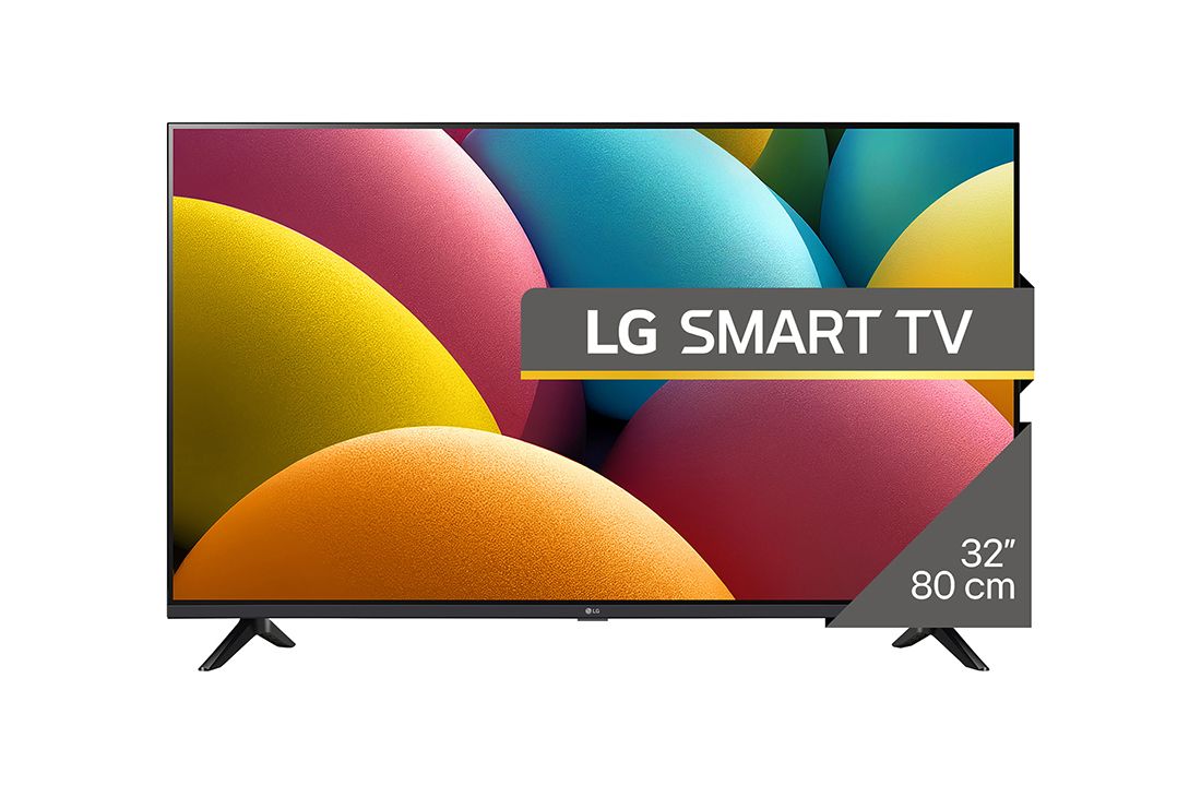 LG Televizor Smart LG HD LR60 de 32 inci, Vedere din fa?? a LG HD TV, LR60 cu text LG SMART TV ?i 2024 pe ecran, cu suport cu 2 poli, 32LR60006LA