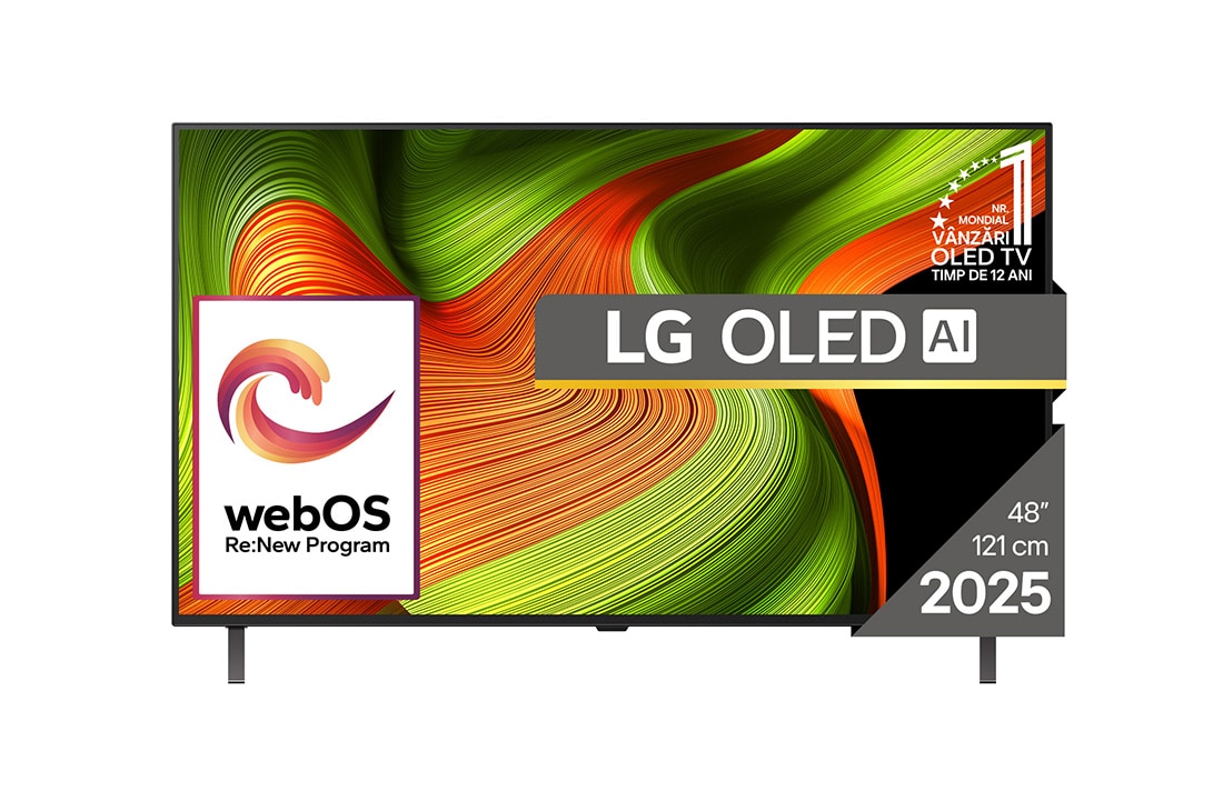 LG OLED AI B5 4K Smart TV 2025 48 inch, Vedere frontal? a LG OLED AI B5 4K Smart TV. Emblema OLED 12 ani num?rul 1 la nivel mondial ?i sigla LG OLED AI 2025 sunt pe ecran., OLED48B53LA