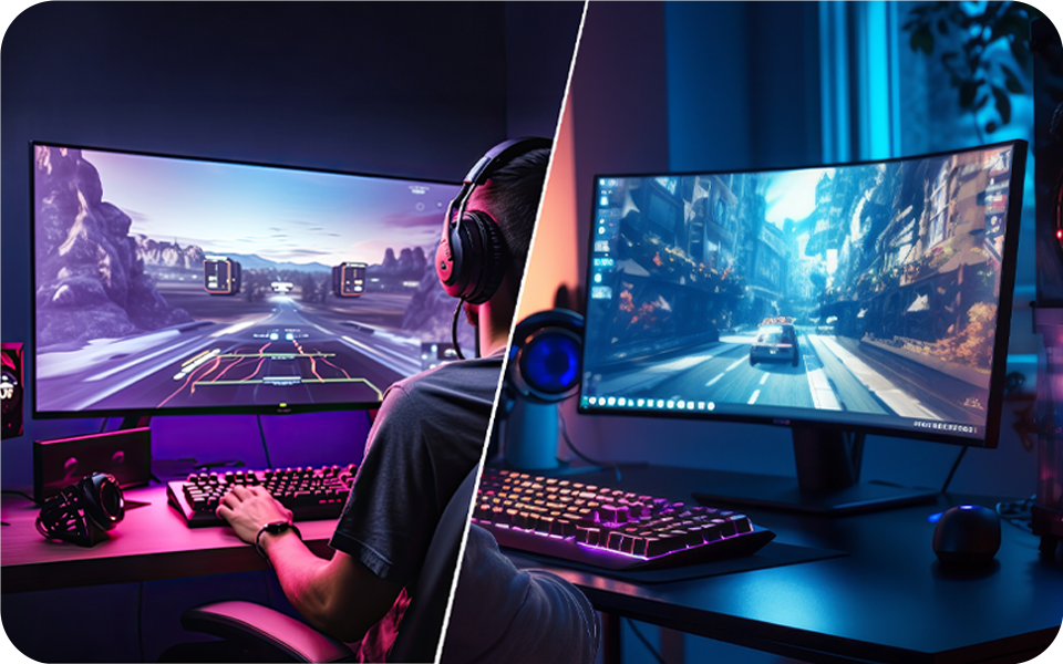 B?rbatul cu c??ti este concentrat s? joace un joc video pe monitorul computerului s?u 4k, cufundat în experien?a de joc.