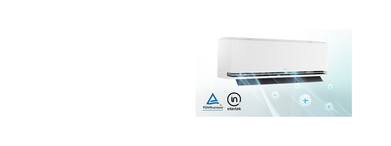 Beli klima-ure?aj montiran na zid prikazuje funkciju jonizatora i logotipe kompanija TüV Rheinland i Intertek.