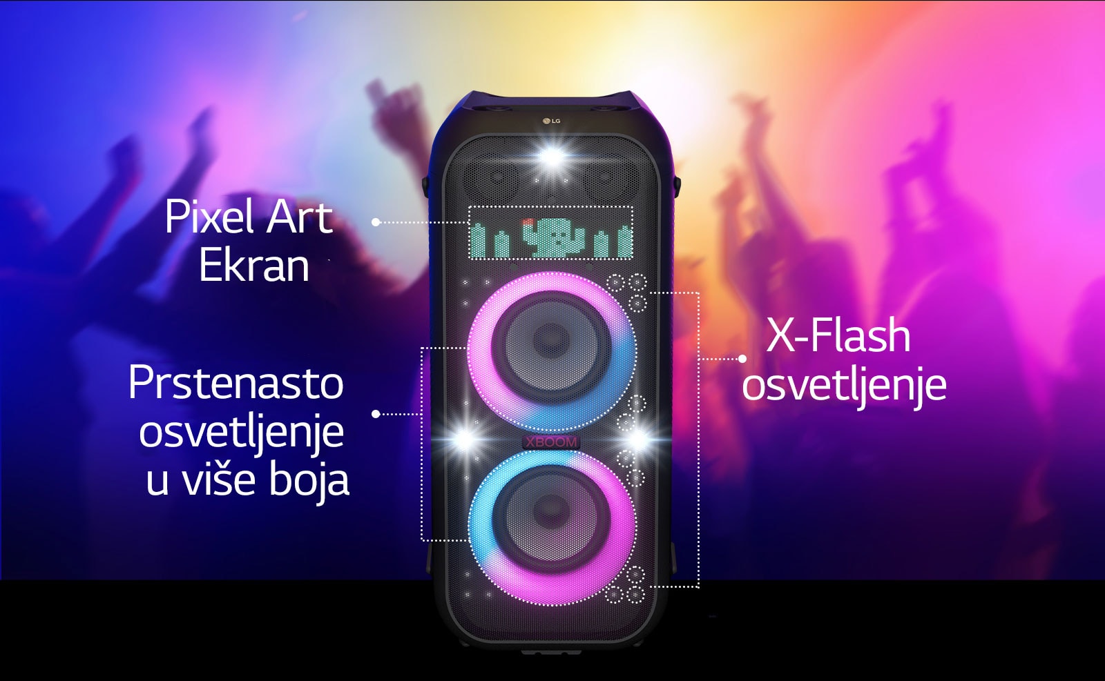 Prikaz zvu?nika spreda. Postoji po red teksta s informacijama o svakom delu osvetljenja. Na vrhu je od piksela prikazana ilustracija kaktusa. U sredini je uklju?eno raznobojno prstenasto osvetljenje koje prelazi iz roze u plava boju. I celom povr?inom zvu?nika se prostire X-Flash osvetljenje.