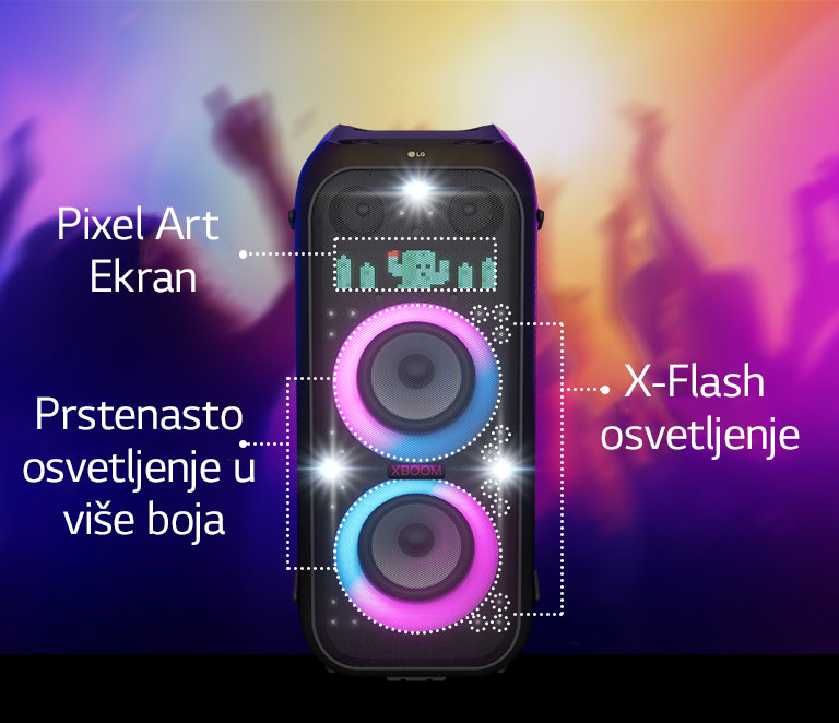 Prikaz zvu?nika spreda. Postoji po red teksta s informacijama o svakom delu osvetljenja. Na vrhu je od piksela prikazana ilustracija kaktusa. U sredini je uklju?eno raznobojno prstenasto osvetljenje koje prelazi iz roze u plava boju. I celom povr?inom zvu?nika se prostire X-Flash osvetljenje.