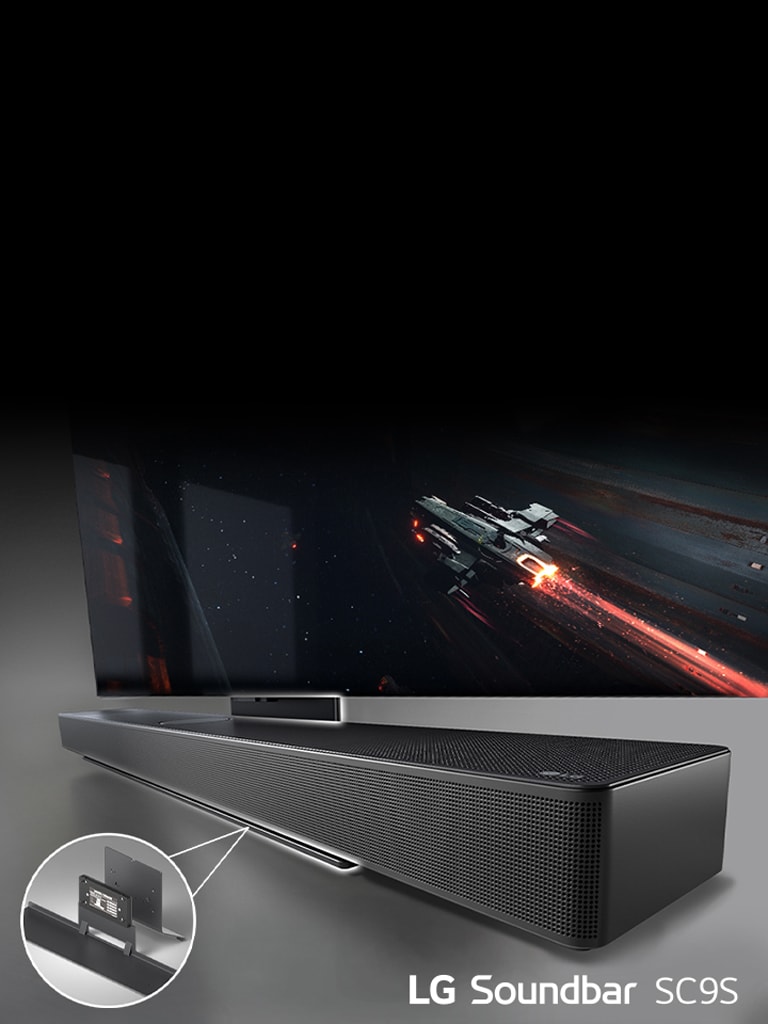Dijagonalni prikaz LG televizora iz OLED C serije i SC9S Sound Bar zvu?nika. Istaknutim elementima na soundbar zvu?niku nagla?ava se WOW nosa? za SC9S Soundbar. U donjem levom uglu, slike WOW nosa?a su uve?ane.