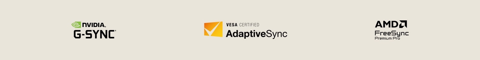 Logotipi tehnologija NVIDIA G-SYNC, VESA AdaptiveSync i AMD FreeSync Premium Pro.
