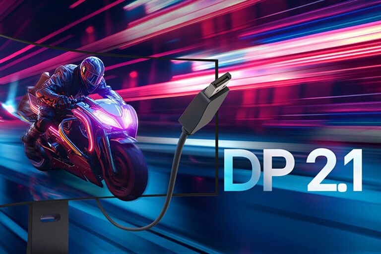 Motocikl u pokretu s priklju?enim kablom DisplayPort 2.1.