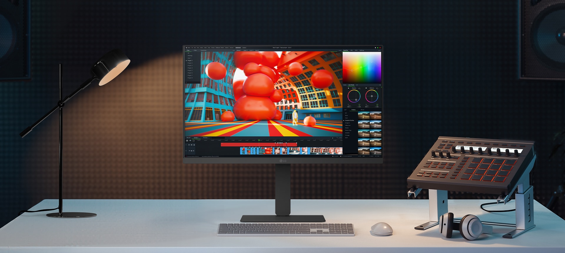 Prednji prikaz belog LG monitora na radnom stolu, s raznobojnim interfejsom za 3D ure?ivanje, kao i lampom, tastaturom, miksetom i slu?alicama u blizini.	