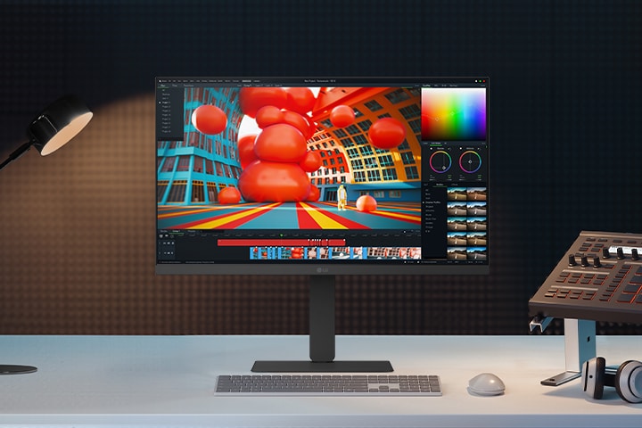 Prednji prikaz belog LG monitora na radnom stolu, s raznobojnim interfejsom za 3D ure?ivanje, kao i lampom, tastaturom, miksetom i slu?alicama u blizini.	