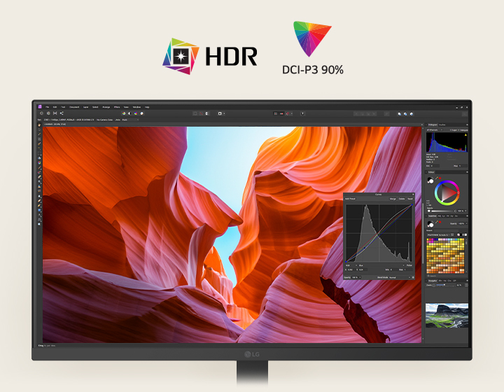 Prednji prikaz belog LG monitora sa ?ivopisnom slikom kanjona s alatkama za korekciju boja, kojim se isti?u HDR i pokrivenost prostora boja DCI-P3 od 90%.	