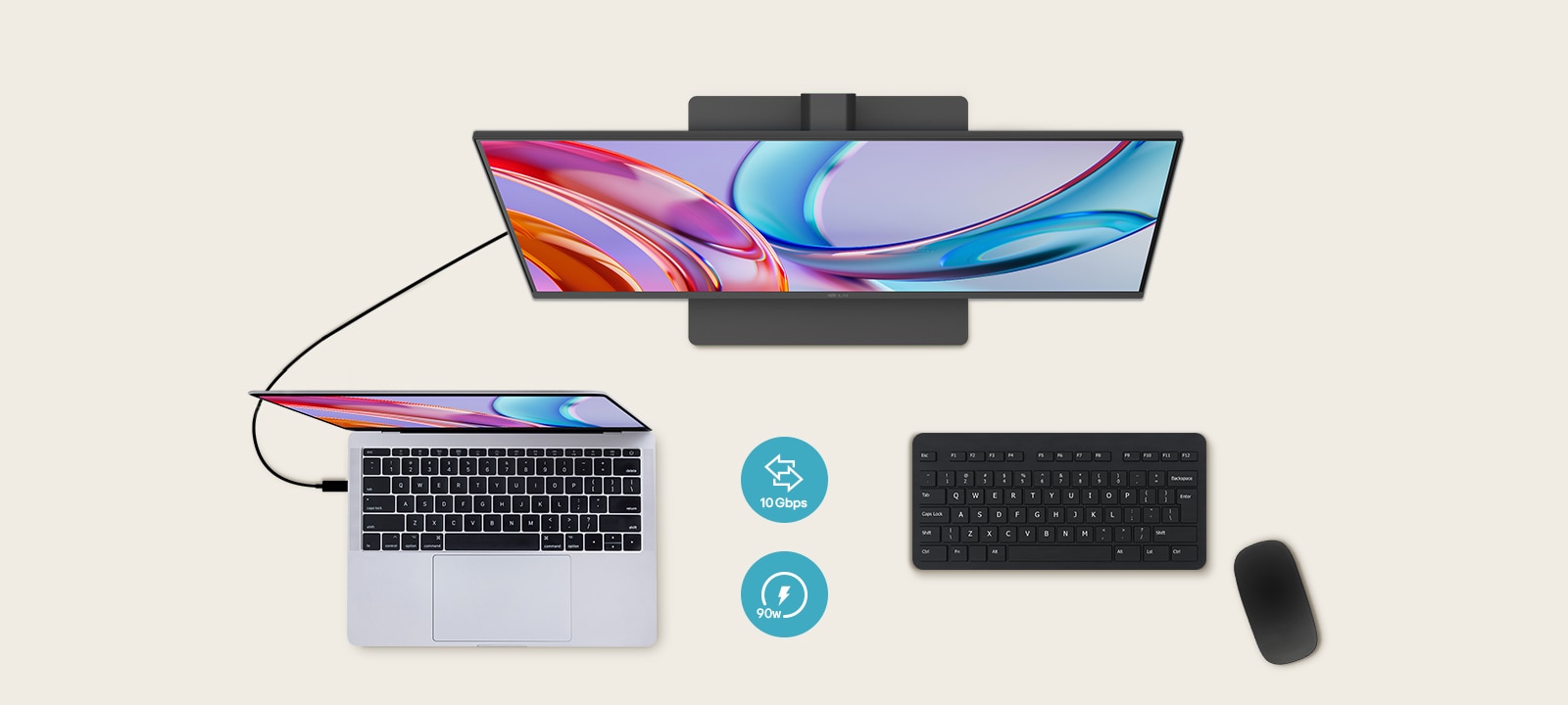 Pogled odozgo na monitor priklju?en na laptop, s tastaturom i mi?em ispod.	