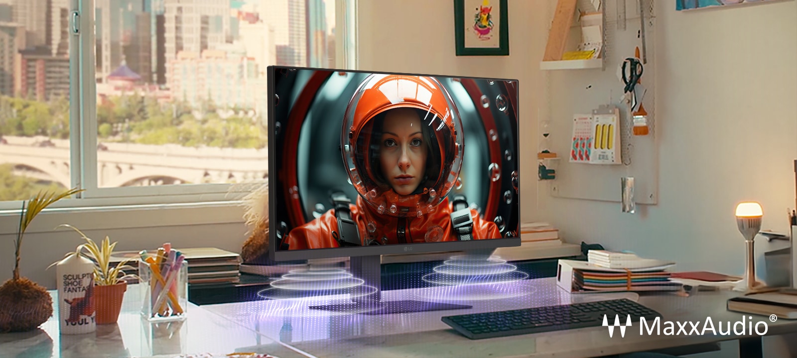 Ra?unar s LG monitorom na kom je ?ena u svemirskom odelu, pobolj?an MaxxAudio vizuelnim efektima koji ukazuju na emitovanje zvuka iz ugra?enih zvu?nika.	