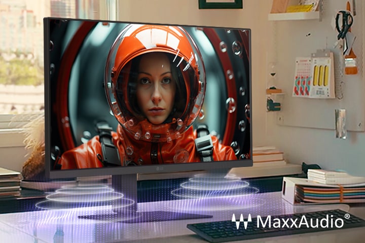 Ra?unar s LG monitorom na kom je ?ena u svemirskom odelu, pobolj?an MaxxAudio vizuelnim efektima koji ukazuju na emitovanje zvuka iz ugra?enih zvu?nika.	