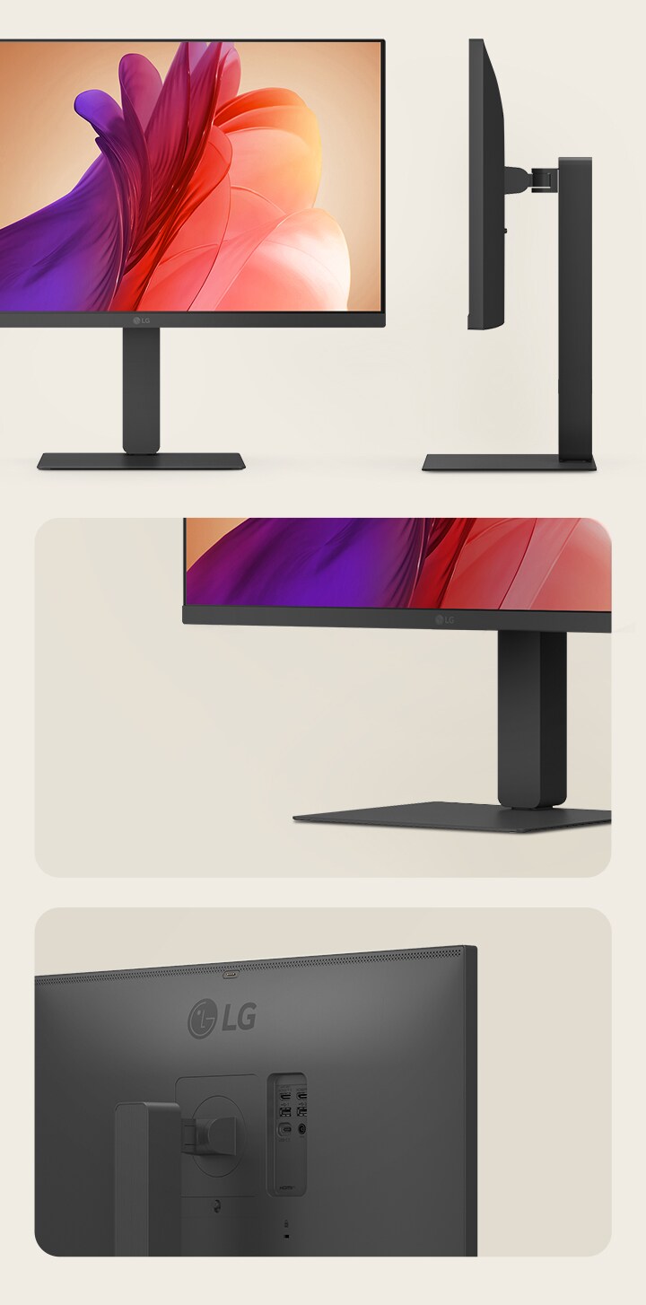Prikaz prednje i bo?ne strane i detalja belog LG monitora s elegantnim postoljem i minimalisti?kim zadnjim panelom.	