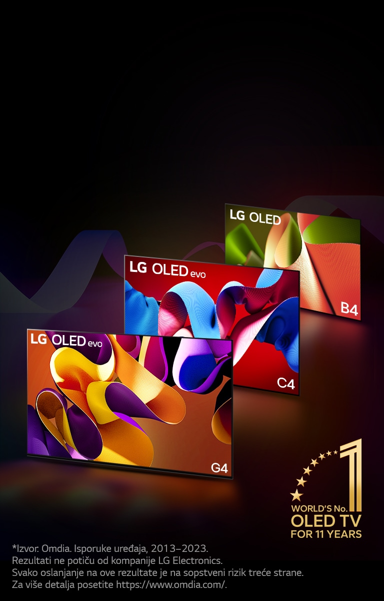 "LG OLED evo TV C4, evo G4 i B4 nalaze se u redu naspram crne pozadine sa suptilnim uskovitlanim bojama. Na slici je amblem ?OLED TV koji je ve? 11 godina broj 1 u svetu”.  U izjavi o odricanju od odgovornosti pi?e: ?Izvor: Omdia. Isporuke ure?aja, 2013–2023. Rezultati ne poti?u od kompanije LG Electronics. Svako oslanjanje na ove rezultate je na sopstveni rizik tre?e strane. Za vi?e detalja posetite https://www.omdia.com/.”"