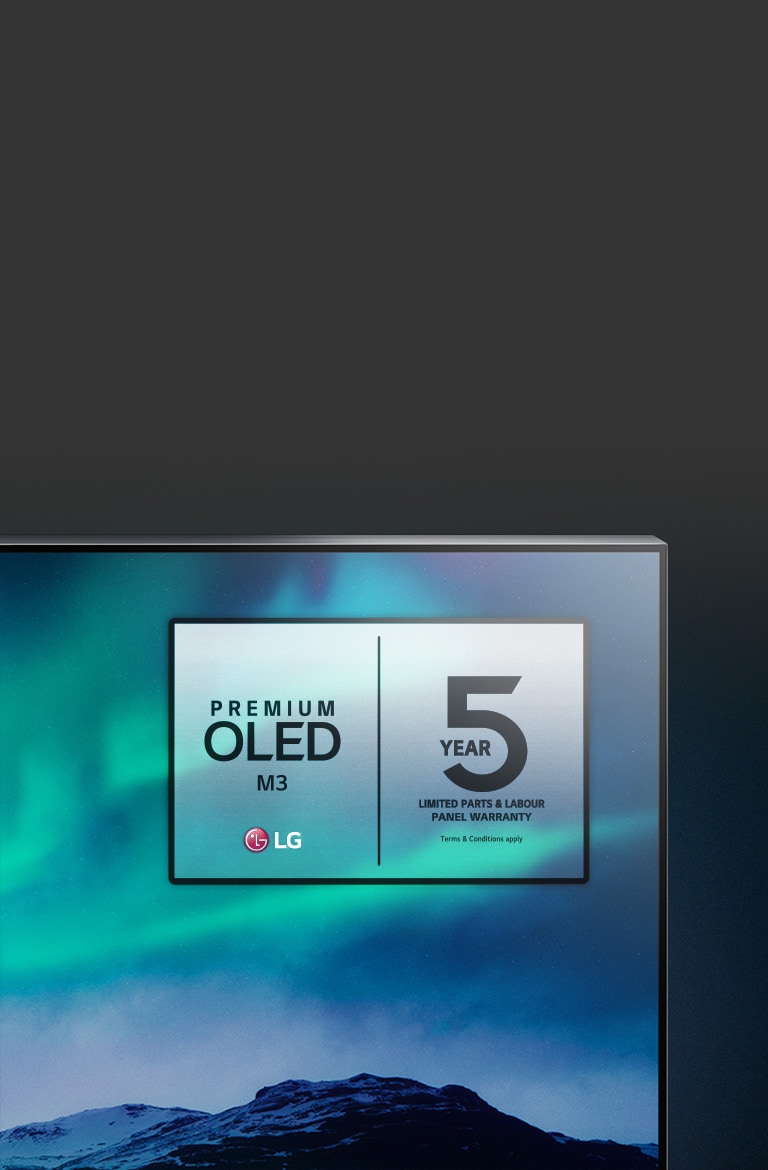 Slika polarne svetlosti prikazana je na LG OLED televizoru. Gornji ugao televizora stoji naspram crne pozadine koja postepeno prelazi u sliku no?nog neba. Logotip 5-godi?nje garancije se tako?e vidi na ekranu televizora.