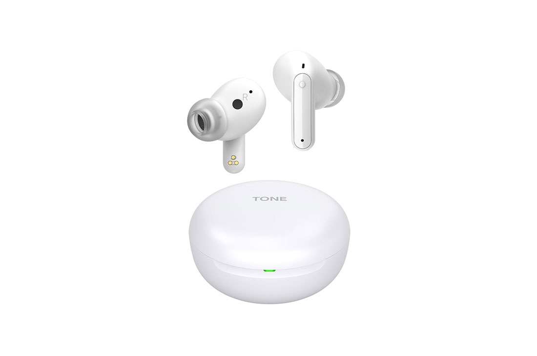LG TONE Free FP5, Slika na kojoj bubice lebde iznad zatvorene kutije., TONE-FP5W-white