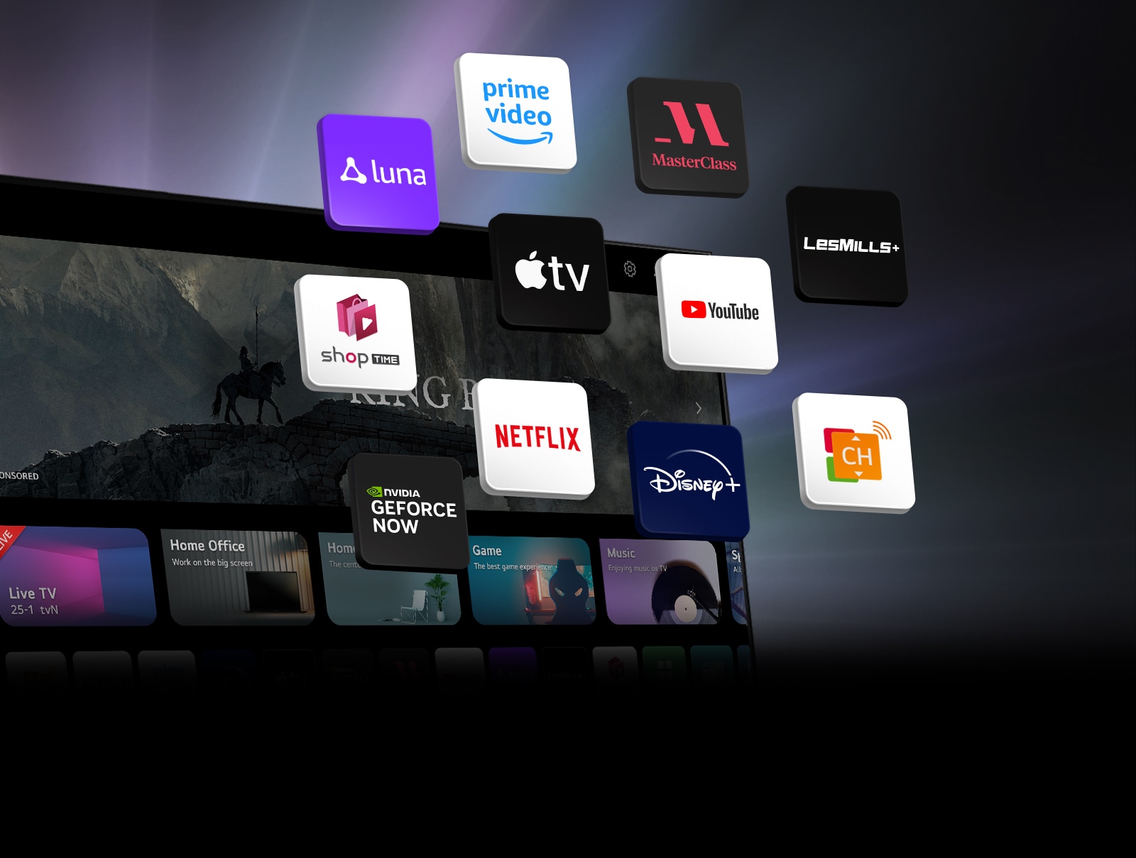 "webOS ekran LG televizora nalazi se u pozadini, a 11 blokova lebdi na njemu. Svaki blok ima sliku logotipa Luna, Prime Video, Master Class, Les Mills, YouTube, Apple TV plus, Shoptime, Netflix, Disney plus, GeForce NOW i LG Channels."