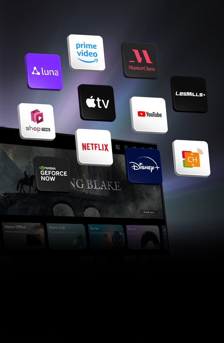 "webOS ekran LG televizora nalazi se u pozadini, a 11 blokova lebdi na njemu. Svaki blok ima sliku logotipa Luna, Prime Video, Master Class, Les Mills, YouTube, Apple TV plus, Shoptime, Netflix, Disney plus, GeForce NOW i LG Channels."