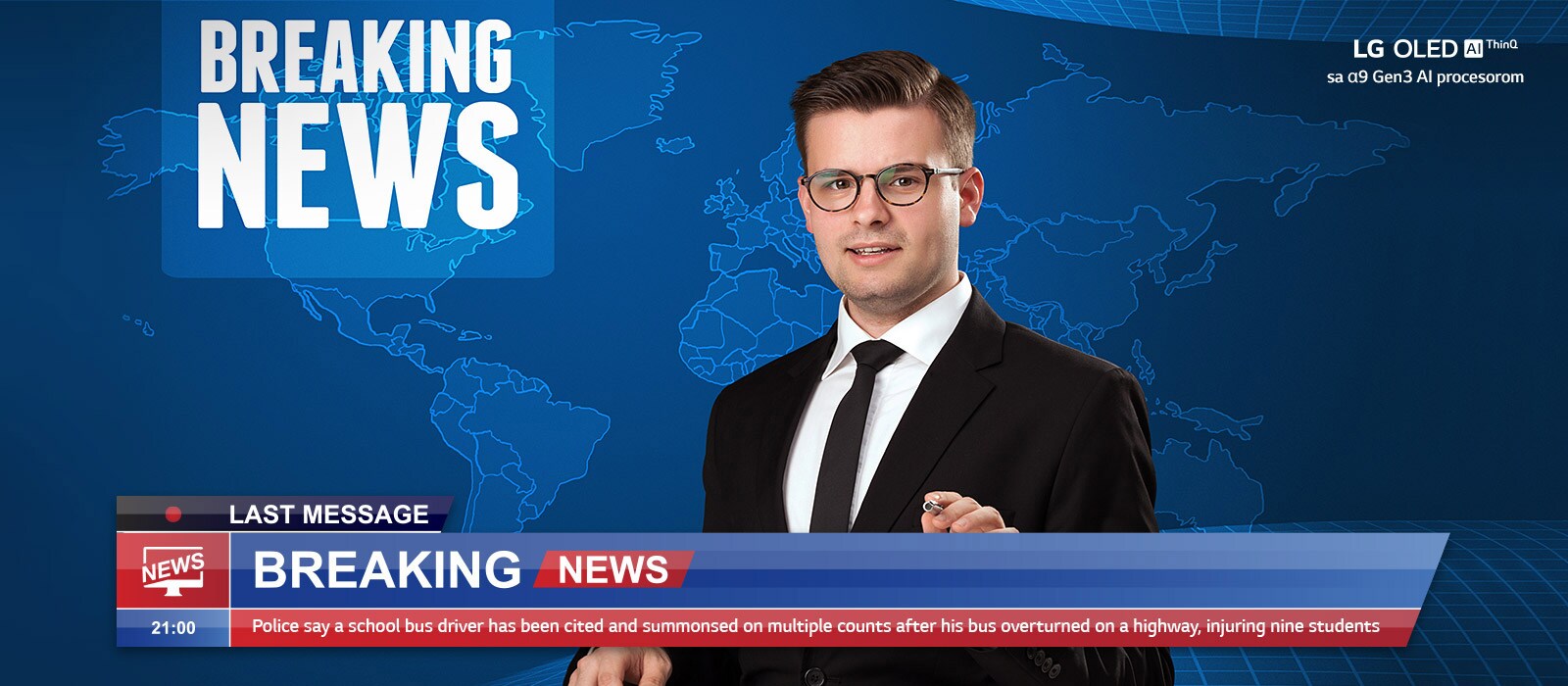 Klizno pore?enje kvaliteta slike reportera koji iznosi najnovije vesti dok je u pozadini mapa sveta