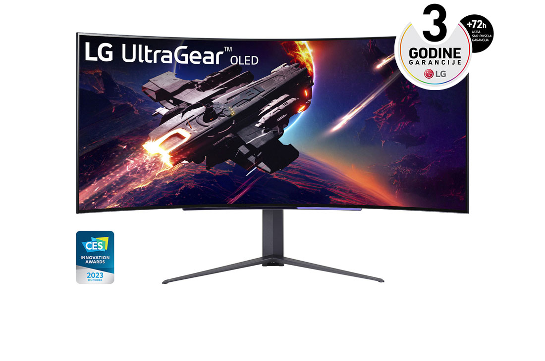 LG 45'' UltraGear? OLED Curved Gaming Monitor WQHD sa 240Hz Brzina okvira i 0.03ms (GtG) vrijeme odziva, prikaz spreda, 45GR95QE-B