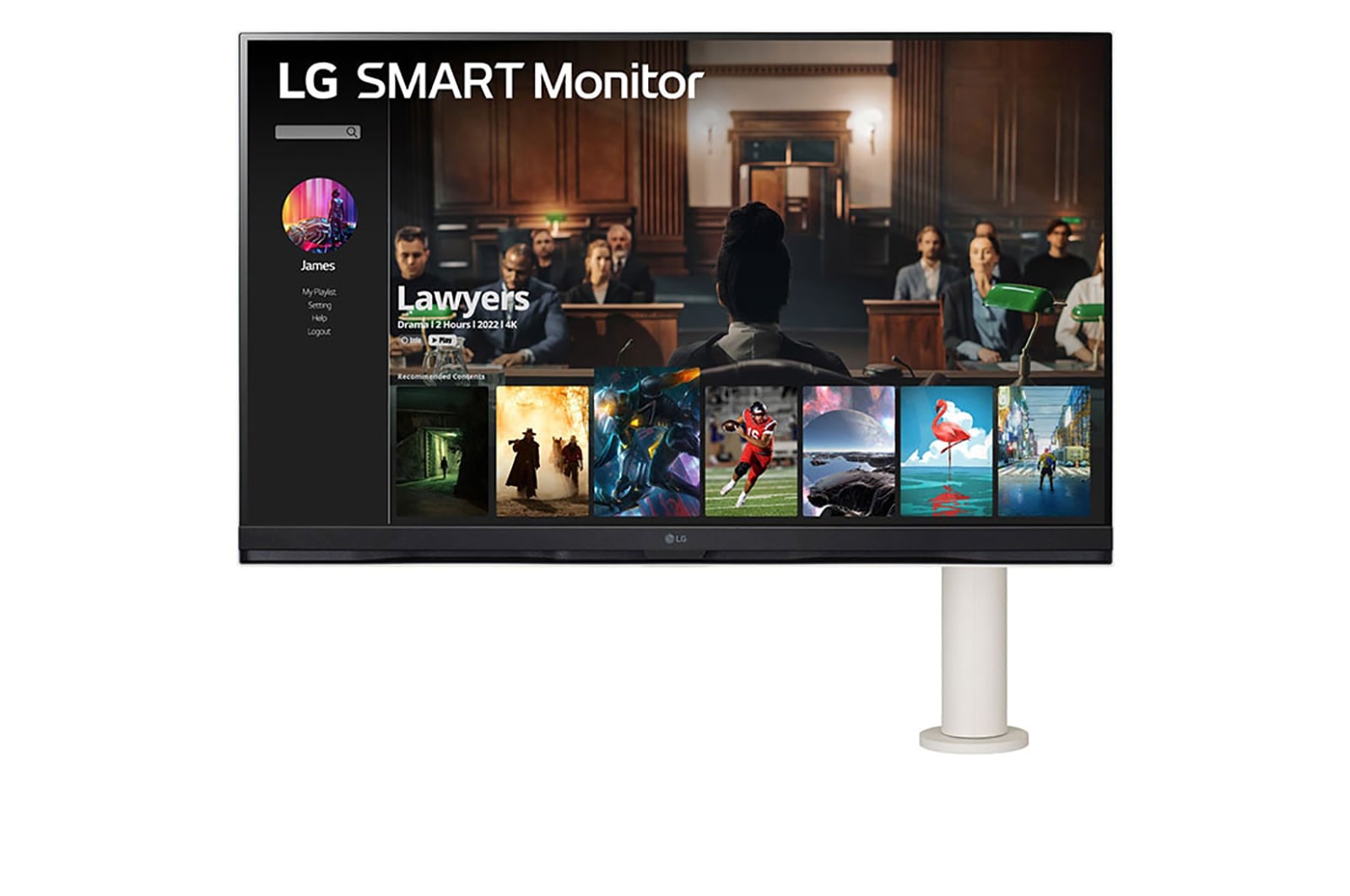 LG 32'' 16:9 4K UHD Smart monitor sа Еrgo postoljem i webOS platformom, изглед отпред - рамото на монитора е отдясно, 32SQ780S-W