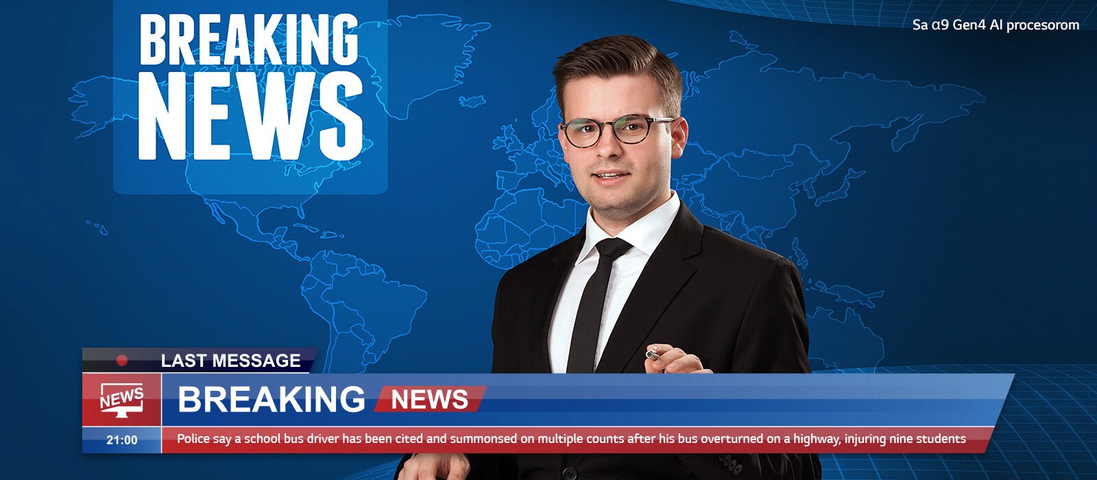 Klizno pore?enje kvaliteta slike reportera koji iznosi najnovije vesti dok je u pozadini mapa sveta.