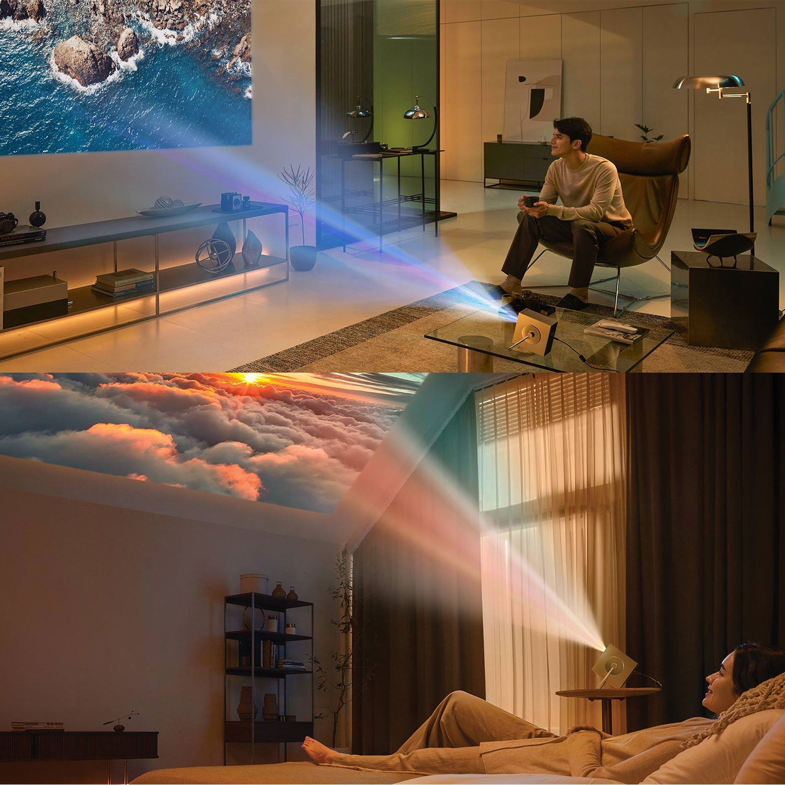 Razne situacije upotrebe projektora LG CineBeam HU710PB – dnevna i spava?a soba.