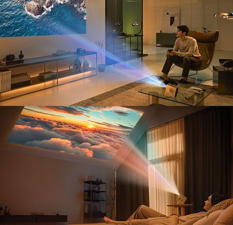 Razne situacije upotrebe projektora LG CineBeam HU710PB – dnevna i spava?a soba.