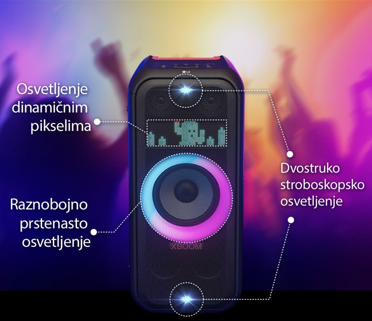Prikaz zvu?nika spreda. Postoji po red teksta s informacijama o svakom delu osvetljenja. Na vrhu i u dnu je dvostruko stroboskopsko osvetljenje. U sredini je uklju?eno raznobojno prstenasto osvetljenje koje prelazi iz roze u cijan boju. Iznad je osvetljenje dinami?nim pikselima kojim je prikazan lik u obliku kaktusa.