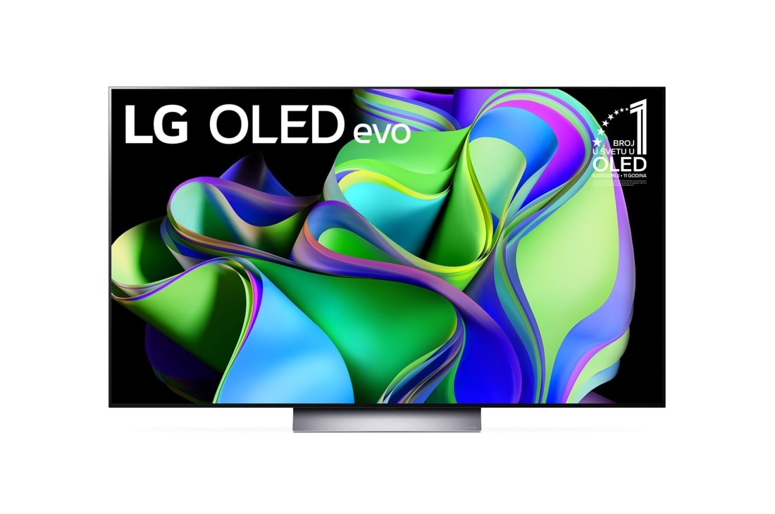LG OLED evo C3 55 in?a 4K Smart TV 2023, Prikaz spreda LG OLED evo i oznaka 11 godina OLED br. 1. na svetu na ekranu., OLED55C31LA