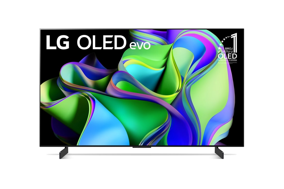 LG OLED evo C3 42 in?a 4K Smart TV 2023, Prikaz spreda LG OLED evo i oznaka 11 godina OLED br. 1. na svetu na ekranu., OLED42C31LA