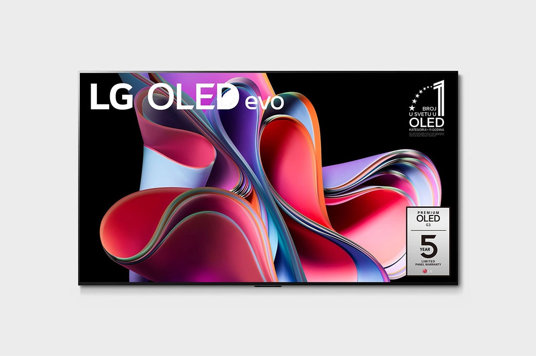 LG OLED evo G3 83 in?a 4K Smart TV 2023, Prikaz spreda uz LG OLED evo, oznaka 11 godina OLED br. 1 na svetu i logotip 5-Year Panel Warranty na ekranu, OLED83G33LA