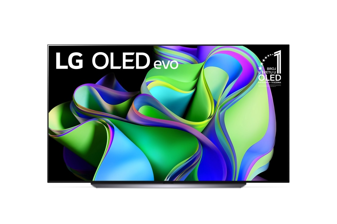 LG OLED evo C3 83 in?a 4K Smart TV 2023, Prikaz spreda LG OLED evo i oznaka 11 godina OLED br. 1. na svetu na ekranu., OLED83C31LA