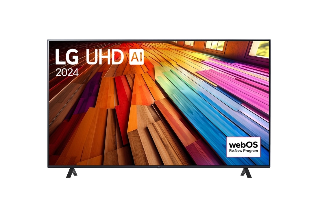 LG 75-in?ni LG UHD AI UT80 4K pametni TV 2024, Pogled spreda na LG UHD TV, UT80 sa tekstom LG UHD AI ThinQ i 2024 na ekranu, 75UT80003LA