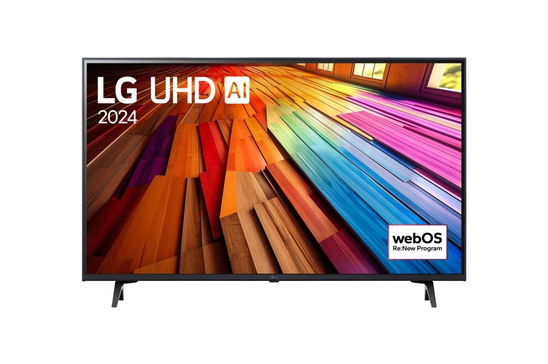 LG 43-in?ni LG UHD AI UT80 4K pametni TV 2024, Pogled spreda na LG UHD TV, UT80 sa tekstom LG UHD AI ThinQ i 2024 na ekranu, 43UT80003LA