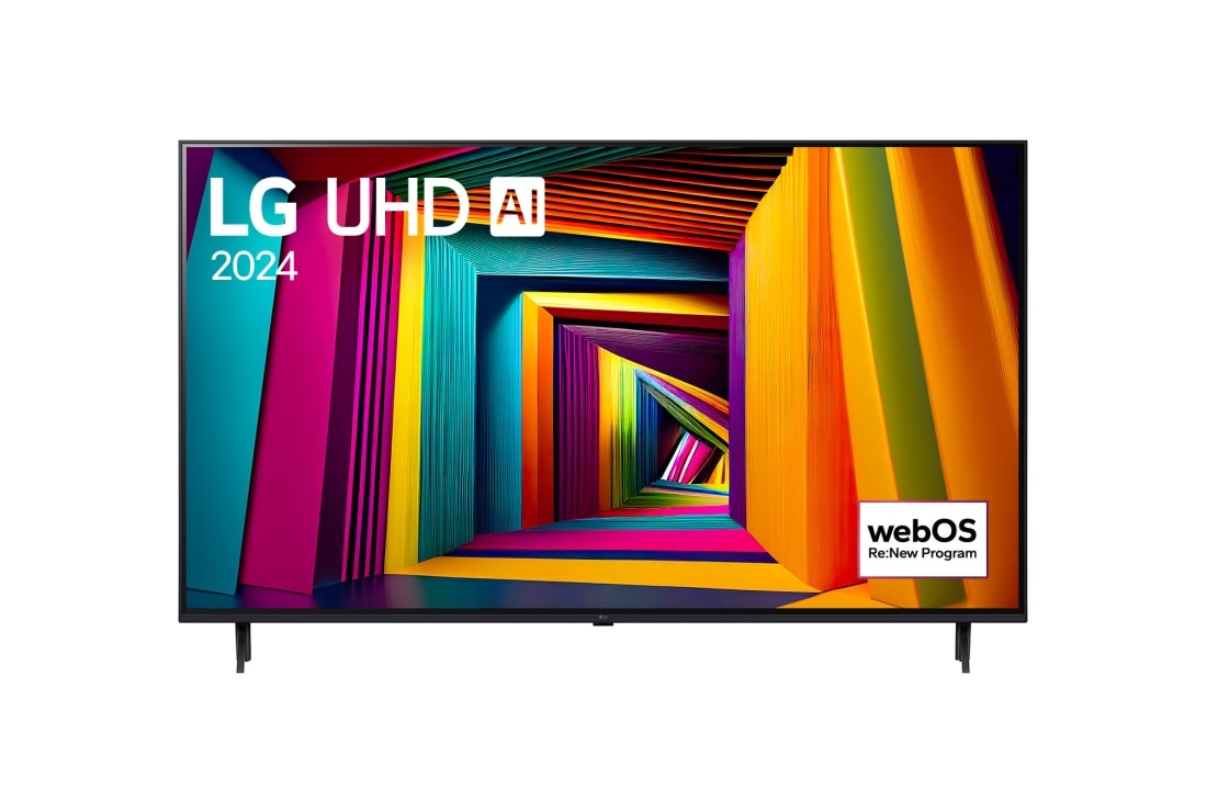 LG UHD AI UT91 4K Smart TV 2024 od 55 in?a, Prikaz spreda ure?aja LG UHD TV, UT90 sa tekstom LG UHD AI ThinQ, 2024 i logoom webOS Re:New Program na ekranu, 55UT91003LA